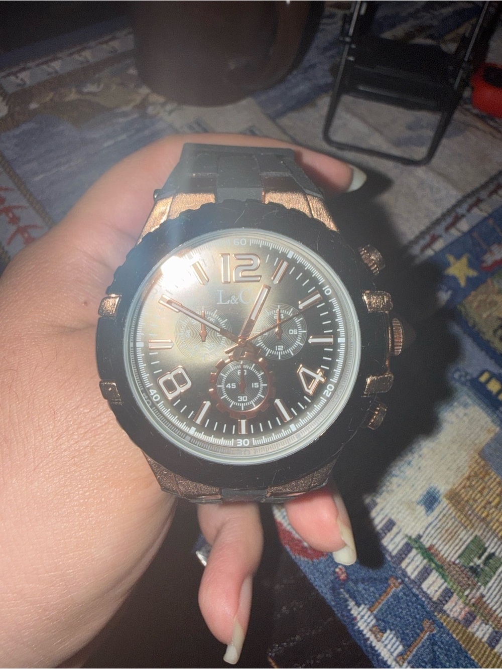 Women's Black and Rose Gold Chronograph Watch